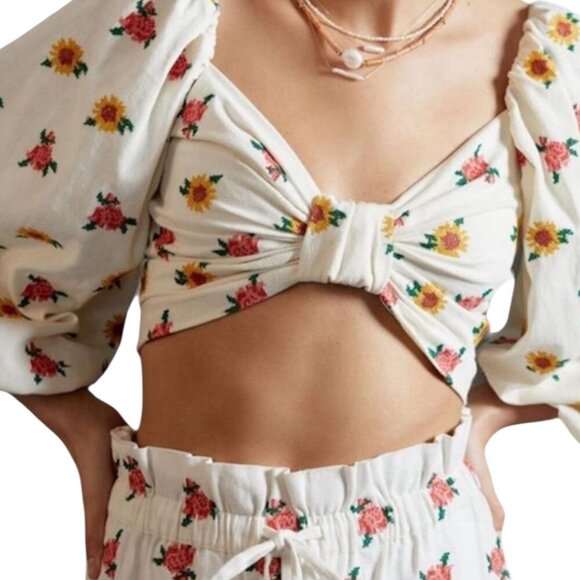 Farm Rio Floral Cross Stitch Embroidered Crop Top XS Puff Sleeves Boho - Picture 3 of 12